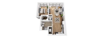A top down view of a small apartment with a kitchen, living room, and bedroom.