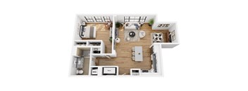 A top-down view of a modern apartment layout with labeled sections for the kitchen, living room, and bathroom.