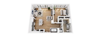 A top-down view of a well-organized apartment with a kitchen, living room, and bathroom.