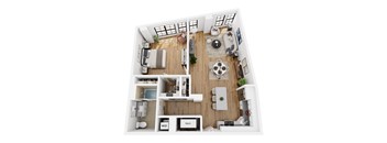 A top-down view of a small apartment with a kitchen, living room, and bathroom.