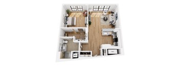 A top-down view of a modern apartment layout with a living room, kitchen, and bathroom.