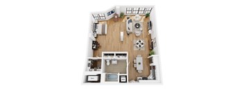 A top down view of a small apartment with a kitchen, living room, and bathroom.