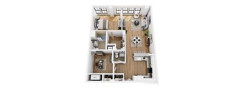 A top-down view of a small apartment with a kitchen, living room, and bedroom.