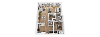 A top-down view of a small apartment with a living room, kitchen, and bathroom.