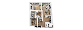 A top-down view of a small apartment with a kitchen, living room, and bathroom.