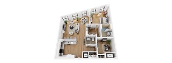 A top-down view of a small apartment with a living room, kitchen, and bathroom.