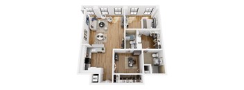 A floor plan of a small apartment with a kitchen, living room, and bathroom.