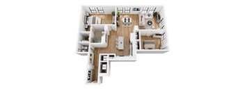 A top down view of a house interior with a kitchen, living room, and bedrooms.
