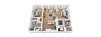 A top-down view of a modern apartment layout with a living room, kitchen, and two bedrooms.