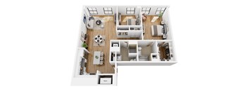 A 3D floor plan of a house with a living room, kitchen, dining room, and bedrooms.