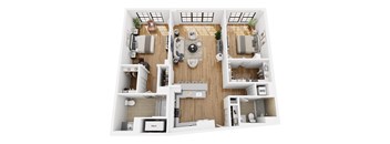 A top-down view of a small apartment with a kitchen, living room, and bathroom.