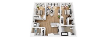 A top-down view of a modern apartment layout with a living room, kitchen, and bathroom.