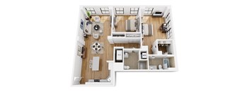 A top-down view of a modern apartment layout.