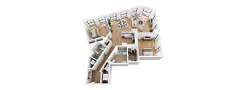 A top-down view of a modern apartment layout.