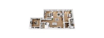 A top-down view of a house layout with multiple rooms and furniture.