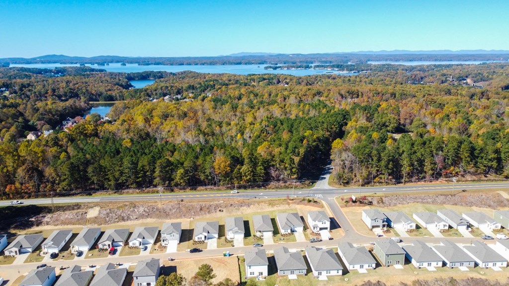 an aerial view of a row of houses with trees and a lake in the background
