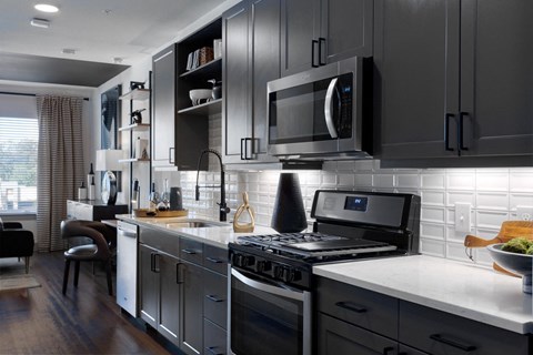 a kitchen with stainless steel appliances and black cabinets
