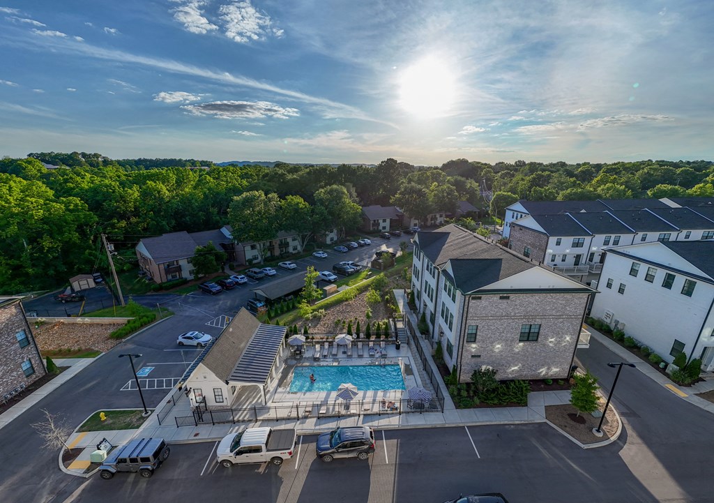 Aerial view of the pool and property at 780 Townhomes, Franklin, Tennessee