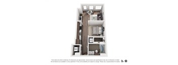 a stylized floor plan with a bedroom and a living room