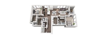 A 3D floor plan of a house with multiple rooms and furniture.