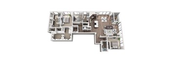 A 3D floor plan of a house with multiple rooms and furniture.