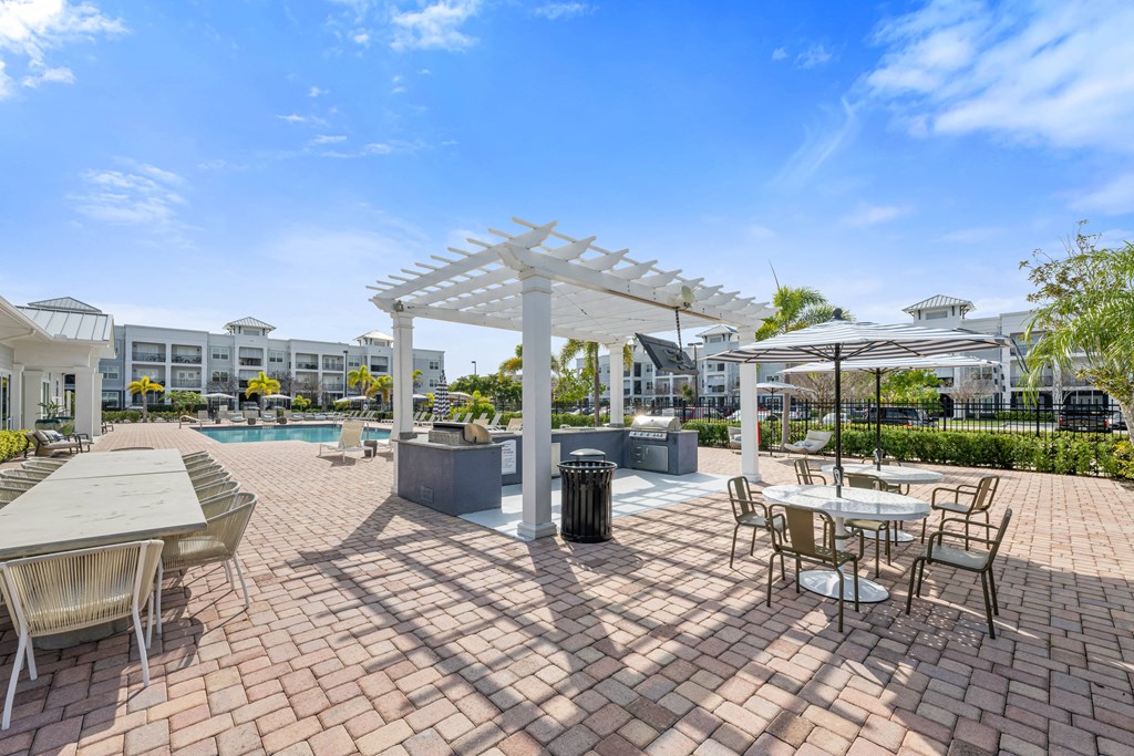 A sunny day at the outdoor dining area of a hotel.