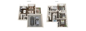 A diagram shows the layout of a two-story house with labeled downstairs and upstairs sections.