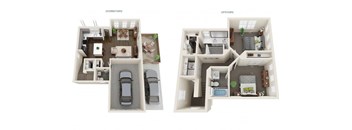 A diagram showing the layout of a two-story house with labeled downstairs and upstairs.