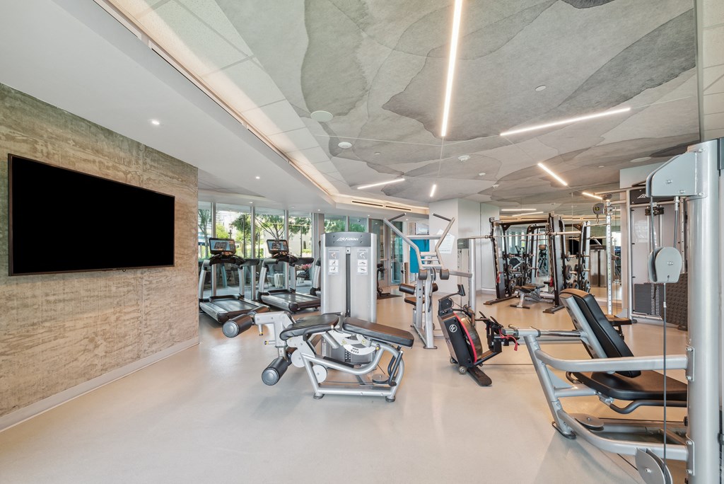 a gym with weights machines and a tv on the wall