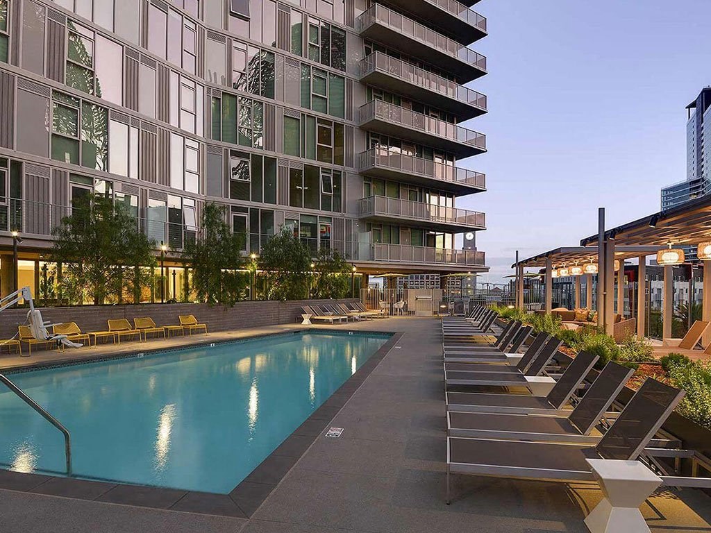 pool oasis at sunset at K1 Apartments, San Diego, CA