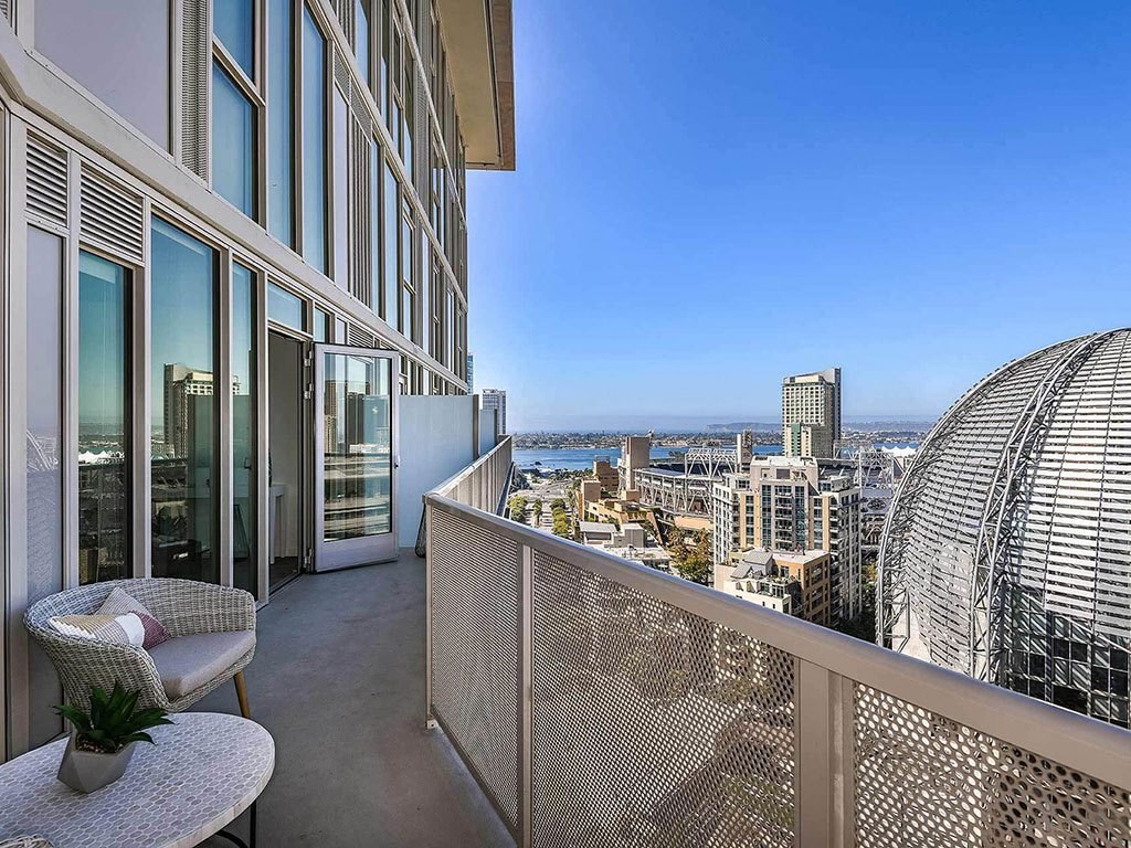 large balcony with city views at K1 Apartments, San Diego, CA