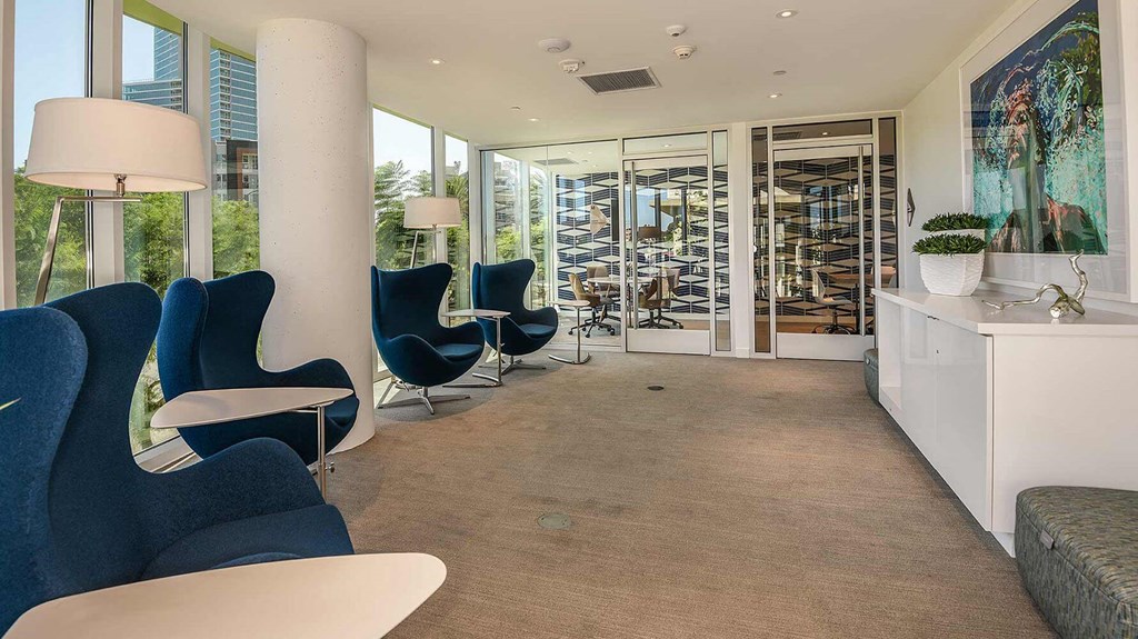 spacious media lounge at K1 Apartments, San Diego, CA