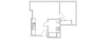 a floor plan of a small room with a stove and a refrigerator