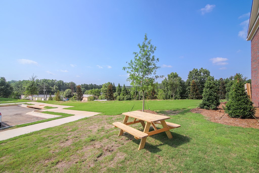a picnic table with a swing in a grassy area