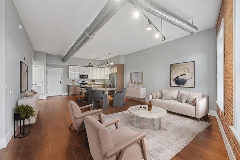A living room with a white couch and a grey rug.