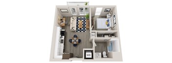 A top down view of a small apartment with a kitchen, living room, and bathroom.