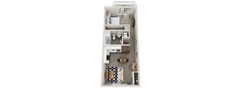 A top-down view of a small apartment with a kitchen, living room, and bathroom.