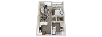 A floor plan of an apartment with a living room, kitchen, and bathroom.