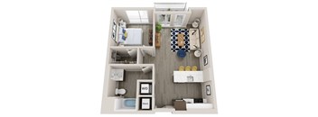 A floor plan of a small apartment with a bedroom, bathroom, and kitchen.