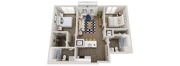 A top-down view of a small apartment with a kitchen, living room, and bathroom.