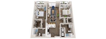 A 3D floor plan of a small apartment with a kitchen, living room, and bathroom.
