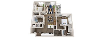 A 3D floor plan of a small apartment with a kitchen, living room, and bedroom.