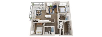 A 3D floor plan of a small apartment with a kitchen, living room, and bathroom.