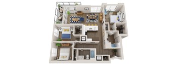 A 3D floor plan of a small apartment with labeled rooms.