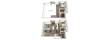 A diagram of a two-level apartment layout with labeled sections.