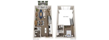 A floor plan of a two-level apartment with a living room, kitchen, and bedrooms.