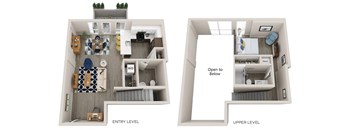 A diagram of a two-level apartment with a living room, kitchen, and bedrooms.