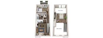 A diagram of a two-level apartment with a kitchen, living room, and bedroom on the upper level and an entry level with a bathroom and laundry room.