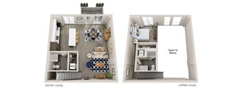 A diagram of a two-level apartment with a kitchen, living room, and bedrooms.