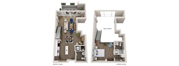 A diagram of a two-level apartment layout with labeled rooms.